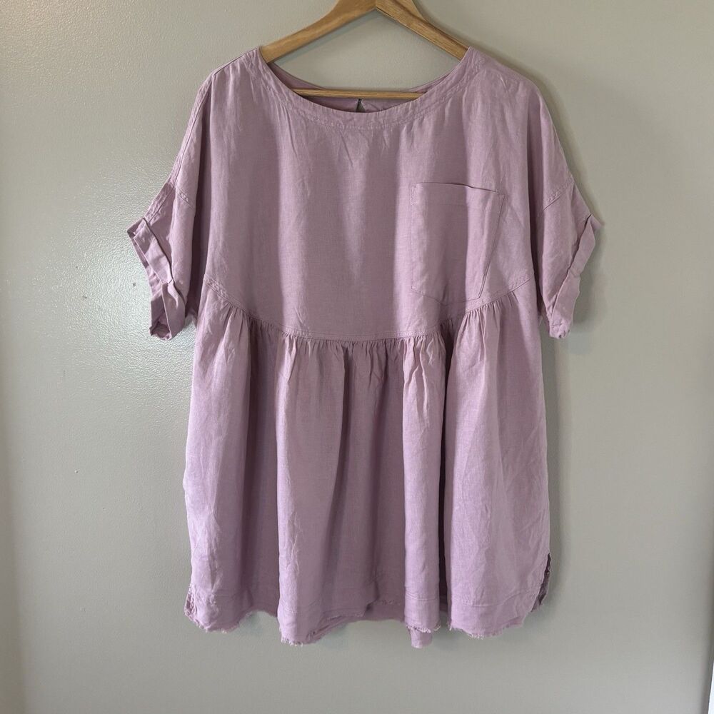 We The Free Linen Blend Oversized Top Lavender Babydoll Shirt Pockets Sz Medium